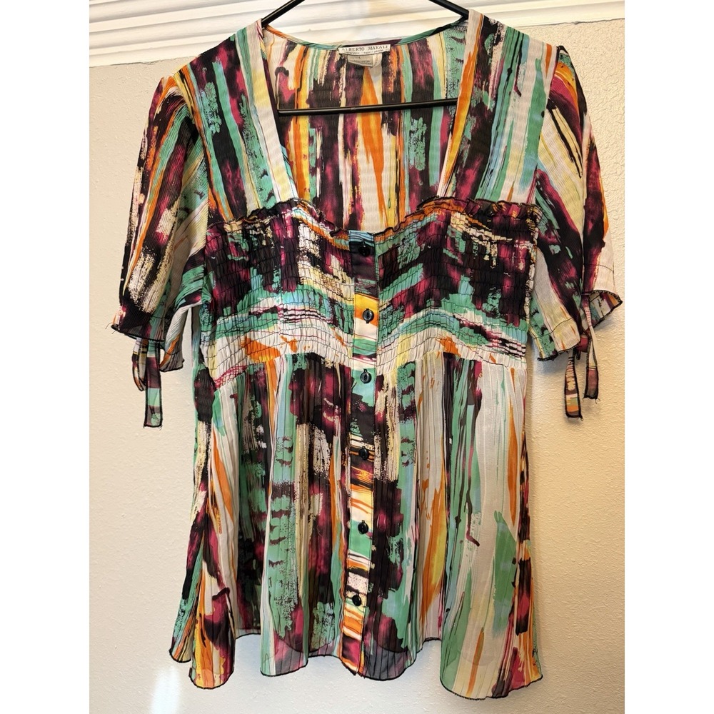 Vintage Y2K Alberto Makali Abstract Bright Boho Smocked Sheer Blouse Top Large